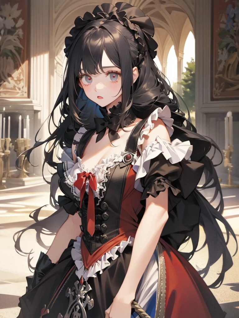 masterpiece, highest quality, Very detailed, 16k, Ultra-high resolution, Cowboy Shot, Nikon, Detailed face, Perfect Fingers, 22-year-old woman, smile, Big Breasts, black eye, Black Hair, Very Long Hair, victorian dress, (Red dress:1.5), Moonlit Night, Royal Palace Garden, Evening Party