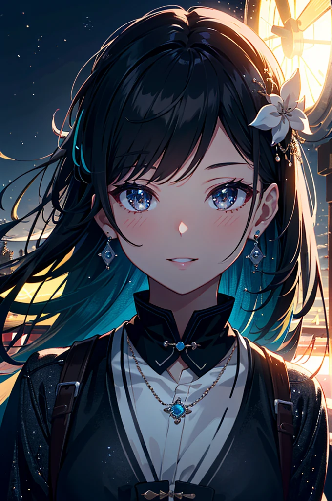 (masutepiece: 1.3), (max resolution: 1.2), (Ultra HDTV: 1.2), cinematric light, 8K resolution, Detailed hair strands and skin, detailed facial features, (Starry Night: 1.2), (night scenery: 1.2), (Solo in the Night: 1.2), Perfection in Depth, Beautiful girl, accurate, Anatomically correct, Highly detailed hair and skin texture, Detailed eyes, Long lashes, Tousled locks, (Silhouette of the City: 1.2), Sitting under a tree, (Octans' Sky:
