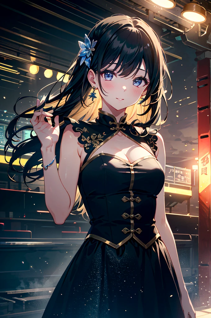 (Hu tao), 1girl, wearing modern black colour party frock, at a night party, 8k, high detailed, high quality