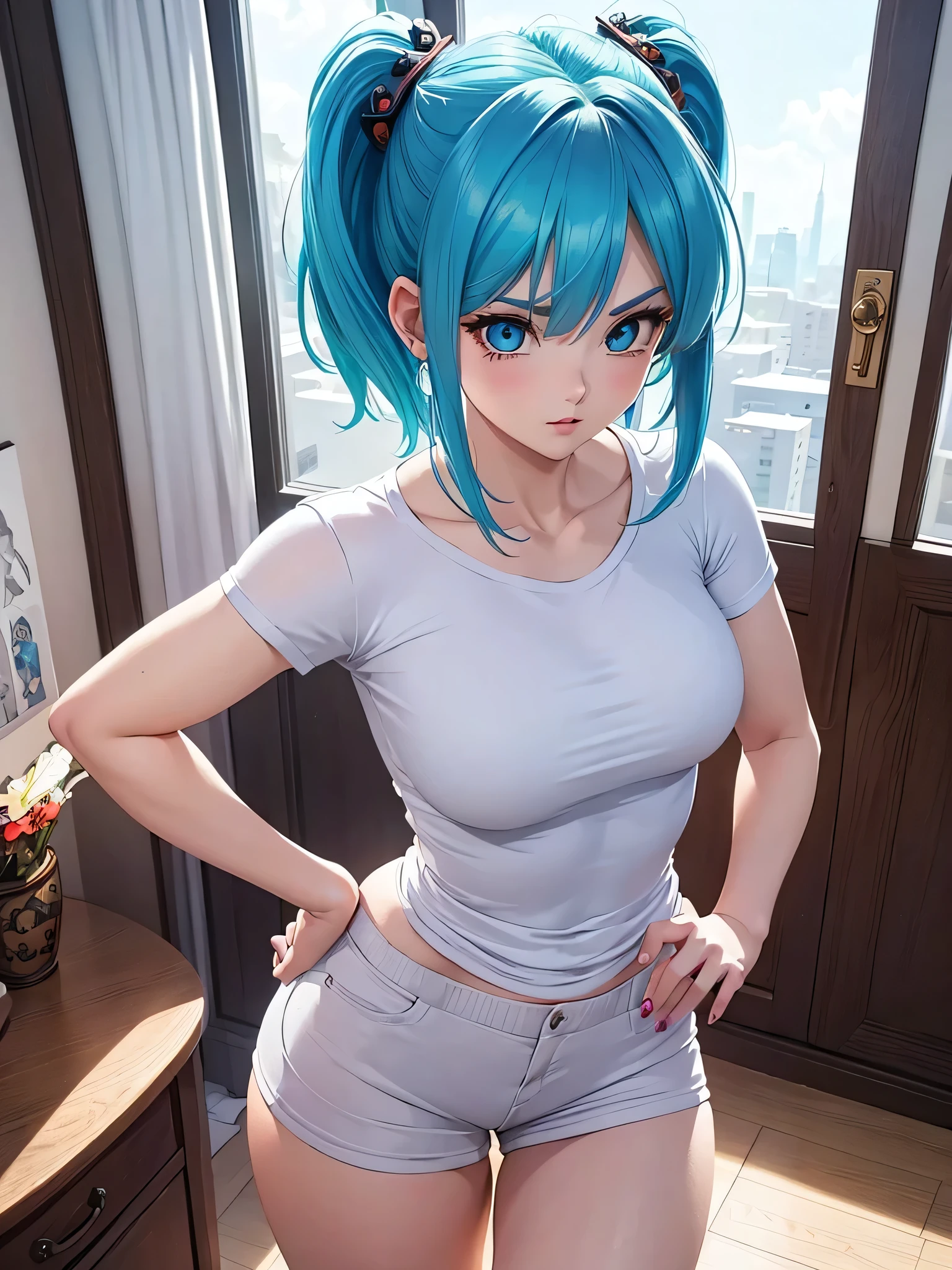 all realistic anime intricate details: "solo 1girl view, character: Bulma (Dragon Ball), features: perfect body with blue hair, Big and expressive eyes. outfit: very short and comfortable casual clothes, very sensual and seductive professional"