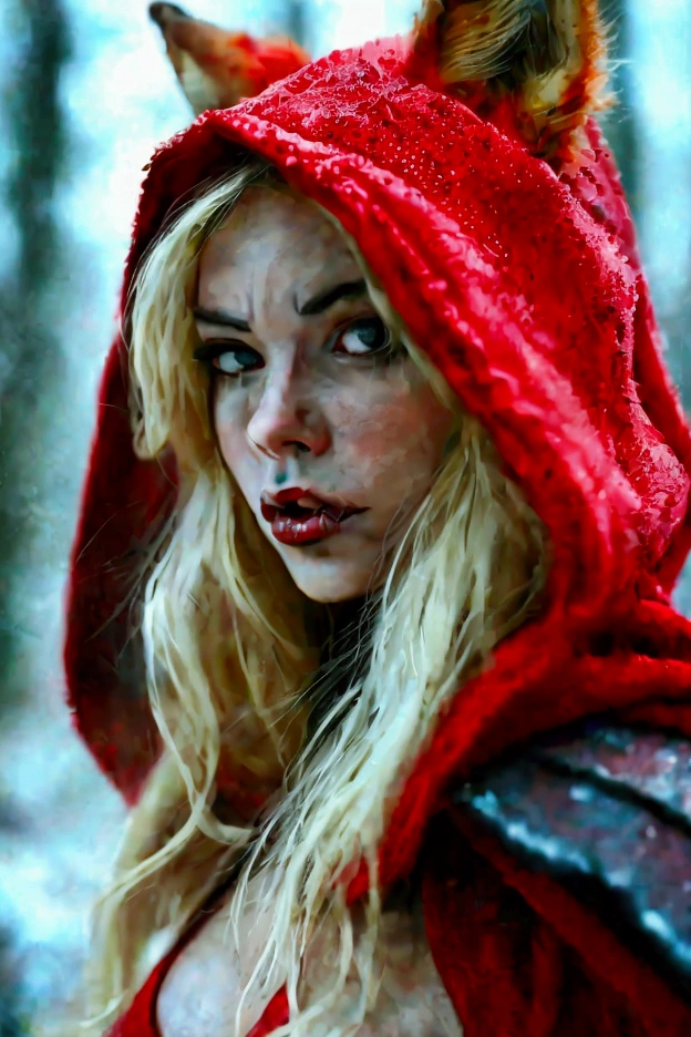 Red Riding Hood reimagined as Red Sonja all grown up and losing her virginity to the Big Bad Wolf. Long Hair, Blonde Hair, Breasts, Large breasts, Animal Ears, Wolf Ears, Open Mouth, teeth, saliva, drool, fangs, Tongue, Tongue Out, long tongue, Makeup, Clenched Teeth, Surprised, Heavy Breathing, Wide-Eyed, Red Lips, Scared, Nervous, Moaning, Shy, Smelling, Confused, Wide Eyes, Glowing Eyes, Oral Invitation, Hood, lingerie, Wide Shot, Pac-Man Eyes, soft core, Photorealistic,