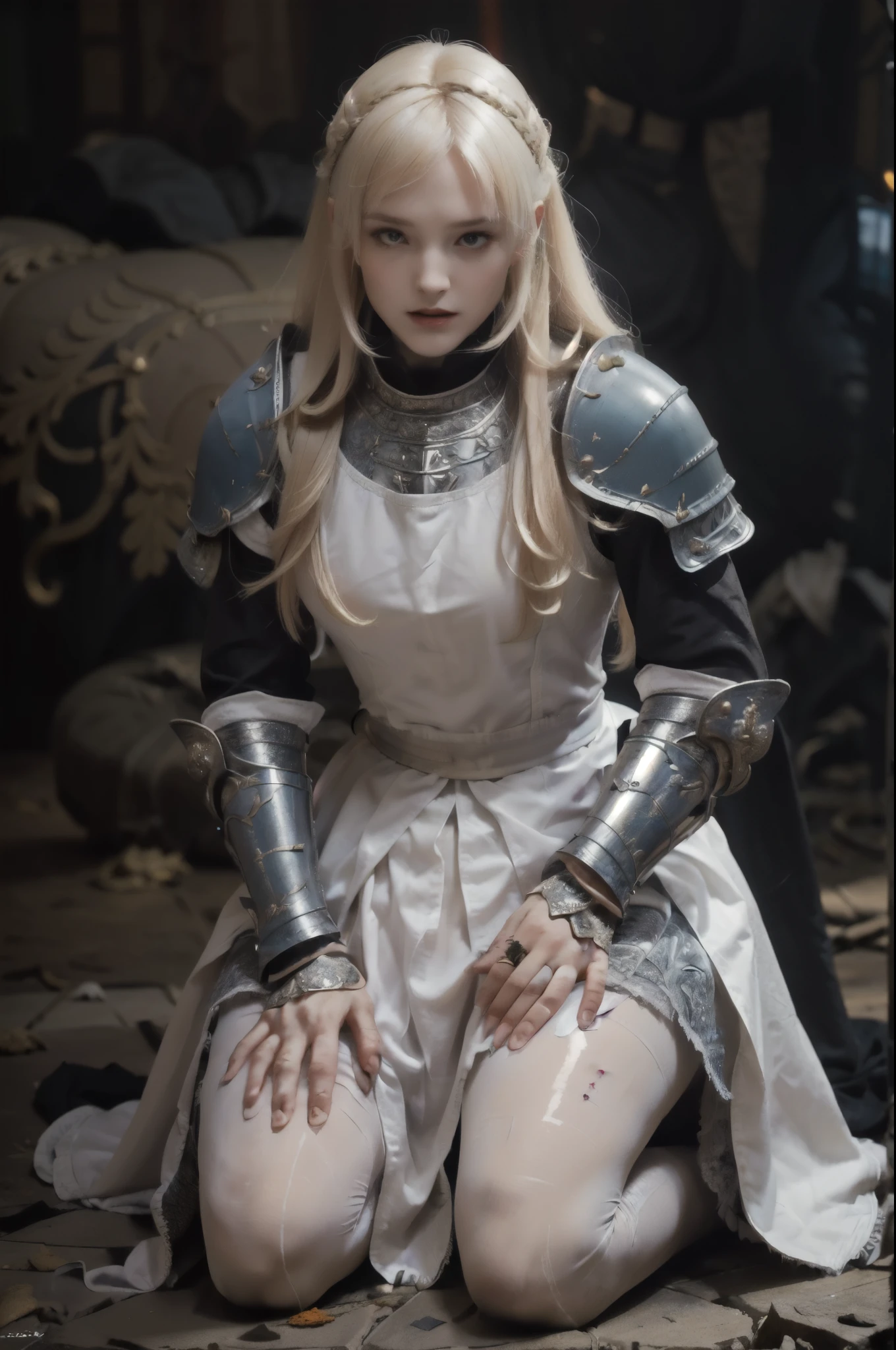 masterpiece, best quality photo, a beautiful princess knight in armor is kneeling on floor and covered in blood, blood splattered armor, bloody clothes, (engraved medieval armor on top:1.3), (metal plate armor:1.2), (ornate skirt in dark blue:1.2), (white nylon pantyhose:1.3), (detailed terrified facial expression:1.2), grimace, scared, extremely beautiful, matted rich blonde hair, wide open eyes, high detail, pleading expression:1.2, hand101, medieval armor, white pantyhose