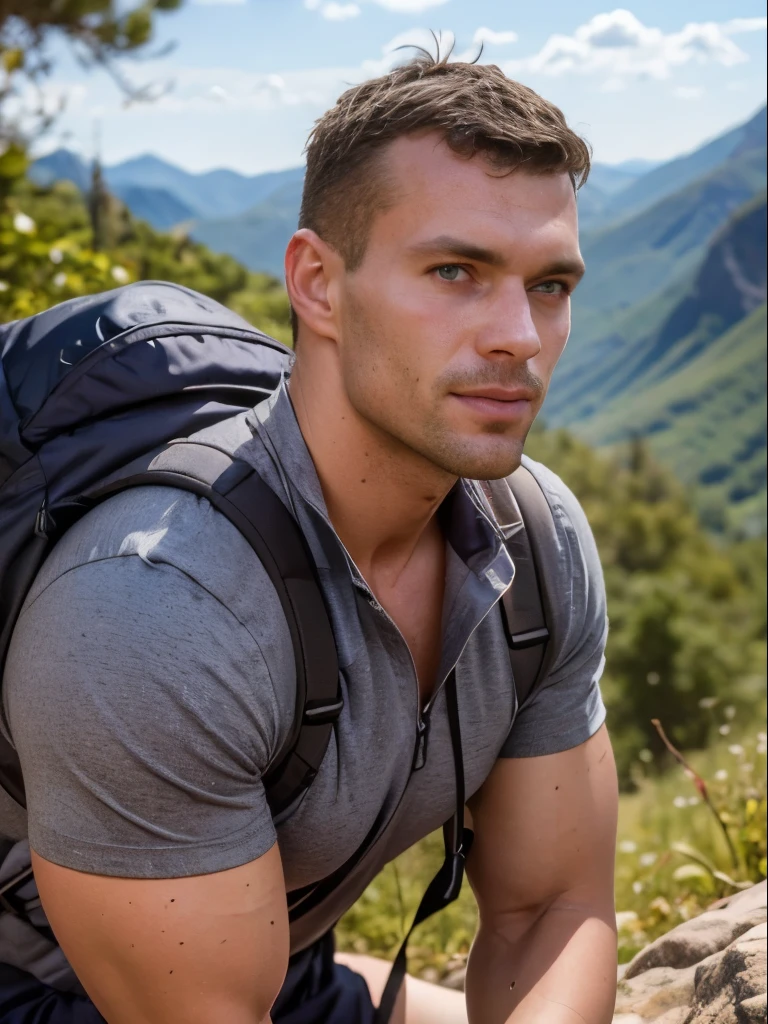 masterpiece, best quality, high resolution, closeup portrait, gloomy day, drizzle, male focus, solo focus, a man, guy hiking, 5, hiking and climbing, view from below, scruffy, closeup, interesting perspective, lean body, pretty cute and masculine face, smirk, wearing dirty white shorts hiking backpack, filthy, sweaty, very hairy legs, skinny and hairy, torn up muscle t-shirt, in the background a moutain, hiking trail, outdoors, view from below, amazing composition, HDR, volumetric lighting, ultra quality, elegant, highly detailed