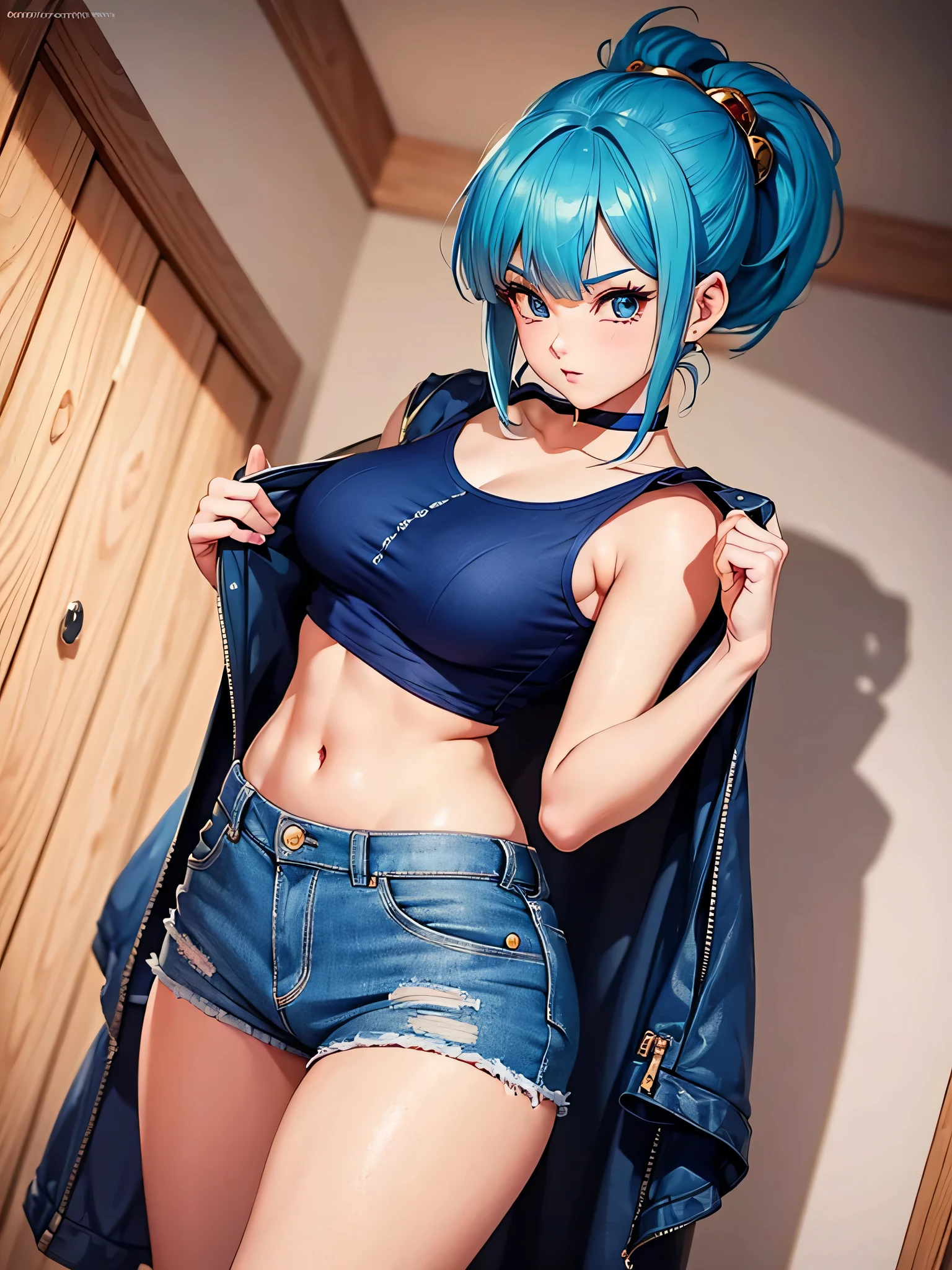 all realistic anime intricate details: "solo 1girl view, character: Bulma (Dragon Ball), features: perfect body with blue hair, Big and expressive eyes. outfit: very short and comfortable casual clothes, very sensual and seductive professional"