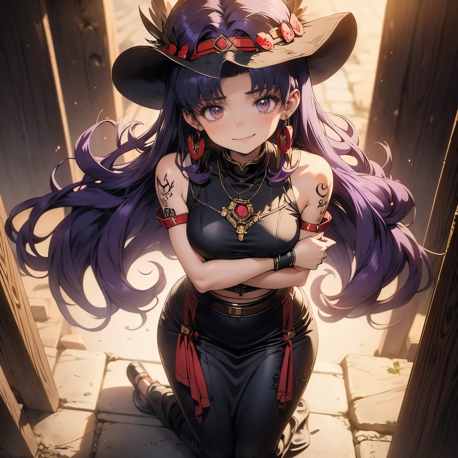 (masterpiece), best quality, expressive eyes, perfect face, 4k, HDR, full HD, ((1girl)), solo, (purple hair), perfect anatomy, full body, flirty s mile, She wears clothing from the time of the Aztecs, said clothing was made with leather and has jade stone inlay details, in her hair she wears a headdress made of quetzal feathers and other feathers of various colors, and on her face she wears some tattoos that highlight their Aztec status
