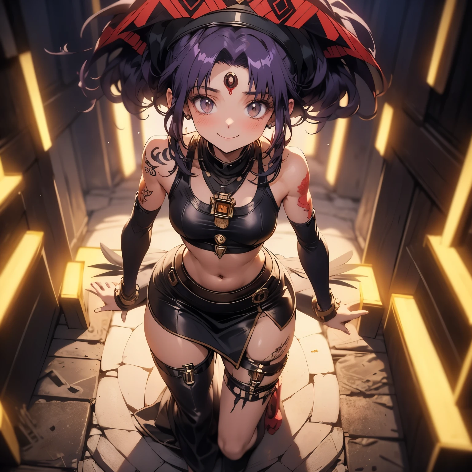 (masterpiece), best quality, expressive eyes, perfect face, 4k, HDR, full HD, ((1girl)), solo, (purple hair), perfect anatomy, full body, flirty s mile, She wears clothing from the time of the Aztecs, said clothing was made with leather and has jade stone inlay details, in her hair she wears a headdress made of quetzal feathers and other feathers of various colors, and on her face she wears some tattoos that highlight their Aztec status