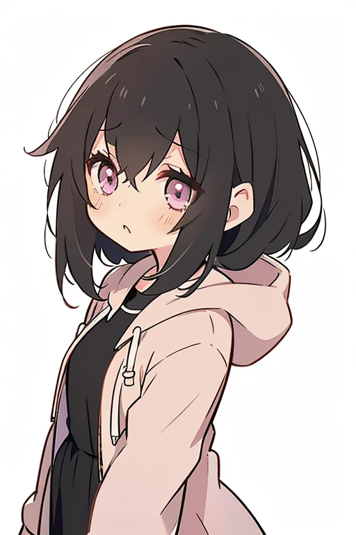 masterpiece, Best Quality, anime girl in a black dress with a white background, Cute pretty girl, Cute girl anime visuals, Anime Moe Art Style, by Ai-Mitsu, ((black)), Soft anime illustration, Wearing a hoodie, by EiQ, , , Cute Anime Girl, wearing a pink hoodie, パーカーを着たblack髪の女の子, blackい目, blackい髪, Depression, Dull eyes