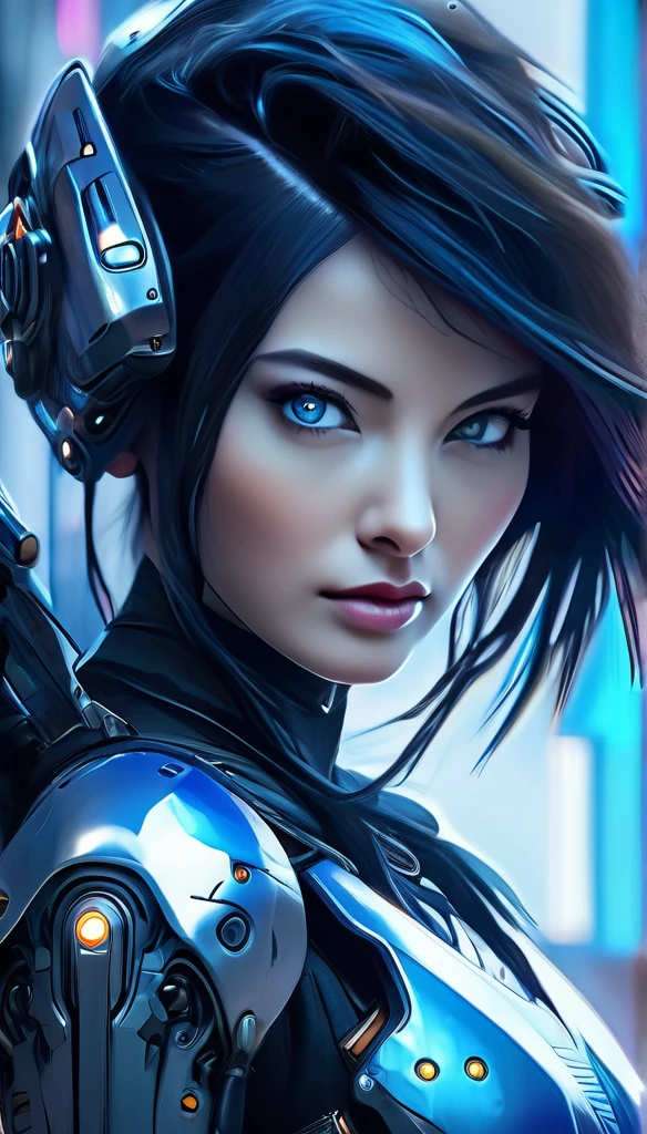 Best image quality, Great details, 超High resolution, (Realism: 1.4), Best illustrations, , high density，(((A woman wearing mecha cyber armor, She has a beam rifle))), cyberpunk android，Full body photo, Superior quality through precise drawings, 8k,Sparkling blue eyes,  High resolution, 超High resolution, Best Quality, Shortcuts, Cinematic Lighting Effects, Futuristic beautiful black hair woman, ((Sparkling blue eyes)), Cyberpunk style woman, (((High tech spaceship interior with blue light illumination))), High-quality images、Black Hair, Shortcuts, Large Breasts, Unreal Engine,