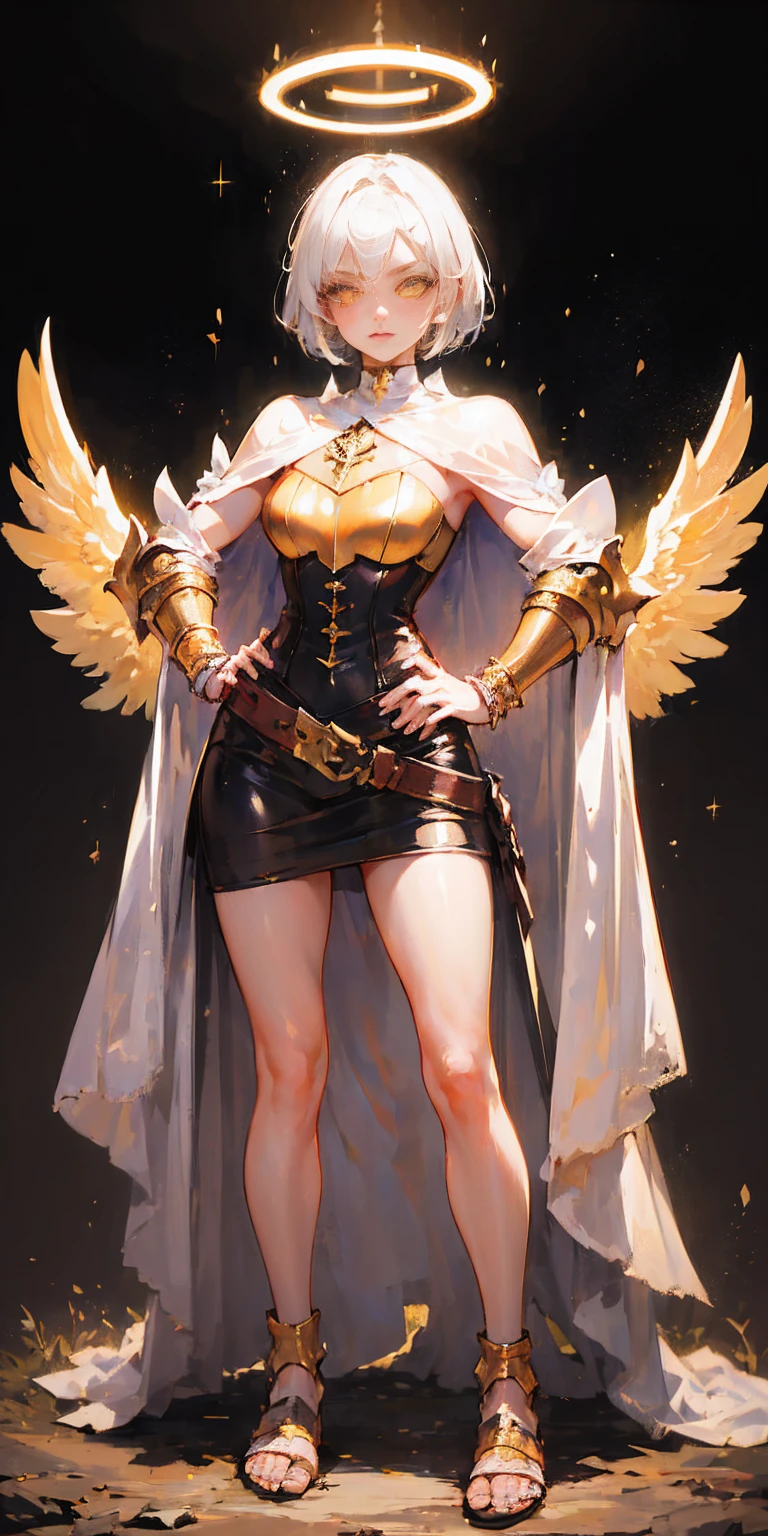 ((BLACK BACKGROUND 1:2, masterpiece)) 1solo female full body MILF BIMBO standing straight symmetrical with two long thighs and two metal sandals, red eyes like rubies, eye focus looking to the viewer, silver white hair, short bob style hair, big knockers breastplate, breastplate, cleavage, tiara royal, long cape up to two feet, yellow bikini (yellow tiger stripes), lustful smirking smiling, smile face (red blushed, red cheeks), pauldrons metal shoulders, gold sleeveless bracelets, separate sleeves, hands on waist hands OR hips, golden bracers, metal handcuffs, leather corset, red loincloth, black leather choker slave collar, shackles bracelets, slave red crest under navel, navel, big belt around waist OR hips, feet together, metal ankle, two long thighs and two metal sandals