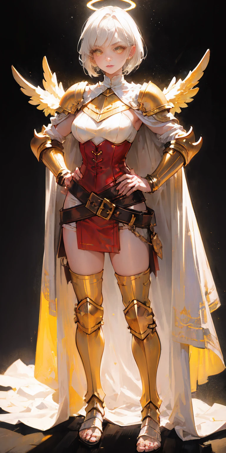 ((Masterpiece, plain background,1:2, masterpiece)) full body standing with two long yellow tiger print stockings, toned thighs,cleavage, separate yellow tiger print stockings thighs and sleeves, tiara royal, long cape up to two feet, yellow tiger bikini print, hands on waist, navel, lustful smirking smiling, smile face (red blushed, red cheeks) metal shoulders, armbands, black leather choker slave collar, full body standing with two long thighs and two metal sandals, red eyes, silver white hair, short bob hair, big knockers, cleavage, separate sleeves, tiara royal, long cape up to two feet, leather corset, yellow bikini, hands on hips, metal shoulders, armbands, black leather choker collar, shackles bracelets, slave red crest, pauldrons, loincloth standing, hands on hips, metal sandals, big belt, view from below, feet together, bracers, tiara, standing contrapposto straight symmetrical looking to viewer