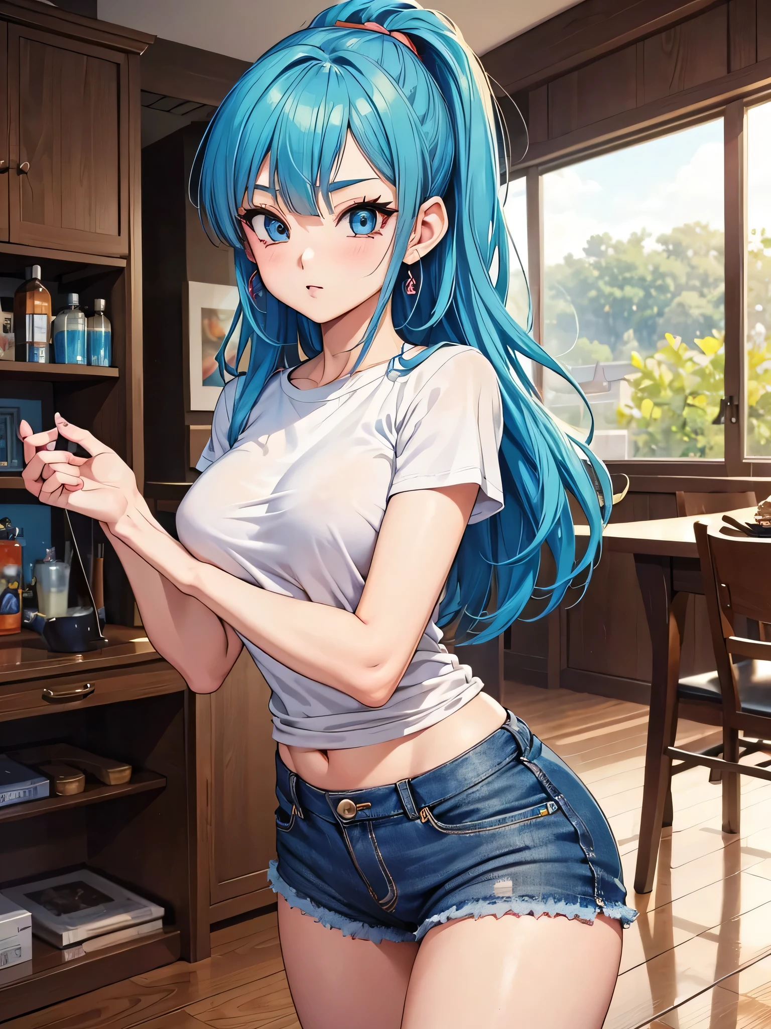 masterpiece, best quality, very aesthetic, absurdres, newest,1girl,naked_shirt, pussy_hair, ,aqua_(konosuba), kono_subarashii_sekai_ni_shukufuku_wo!, 1girl, long_hair,blue_hair, single_hair_ring, bun,hair_ornament,blue_eyes,,,in a cafe