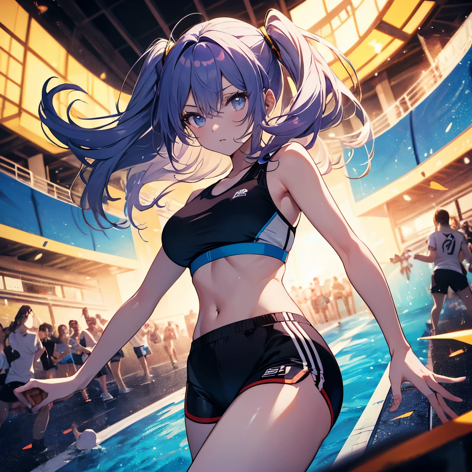 Dynamic anime girl with glowing blue veins and pulsating gold energy, her hair a vibrant mix of purple and blue. Captured mid-action in a dramatic pose, ready for an attack. Detailed anime style with expressive eyes and intricate shading. She stands in a gym, wearing a sports bra and latex shorts, exuding strength and confidence. The pose is dynamic, with movement and energy radiating from her, fluttering hair and dramatic angles enhancing the scene. A high-quality 4K illustration with vivid colors and realistic textures