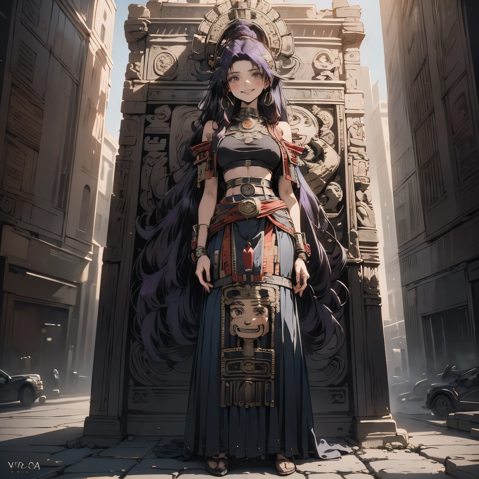 (masterpiece), best quality, expressive eyes, perfect face, 4k, HDR, full HD, ((1girl)), solo, (purple hair), perfect anatomy, full body, flirty smile, standing, standing in front of the Aztec god, statue of the Aztec god, wearing Aztec women's clothing,