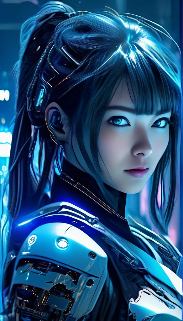 Best image quality, Great details, 超High resolution, (realism: 1.4), Best illustrations, , high density，(((A woman wearing mecha cyber armor, She has a beam rifle))), ((Cyberpunk Android Full Body)), Superior quality through precise drawings, 8k,Sparkling blue eyes,  High resolution, 超High resolution, Best Quality, Shortcuts, Cinematic Lighting Effects, 未来的な美しいBlack Hairの女性, ((Sparkling blue eyes)), Cyberpunk style woman, (((High tech spaceship interior with blue light illumination))), High-quality images、Black Hair, Shortcuts, 