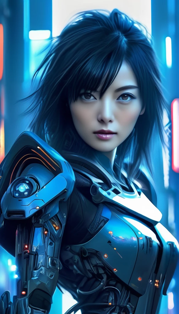 Best image quality, Great details, 超High resolution, (realism: 1.4), Best illustrations, , high density，(((A woman wearing mecha cyber armor, She has a beam rifle))), ((Cyberpunk Android Full Body)), Superior quality through precise drawings, 8k,Sparkling blue eyes,  High resolution, 超High resolution, Best Quality, Shortcuts, Cinematic Lighting Effects, 未来的な美しいBlack Hairの女性, ((Sparkling blue eyes)), Cyberpunk style woman, (((High tech spaceship interior with blue light illumination))), High-quality images、Black Hair, Shortcuts, 