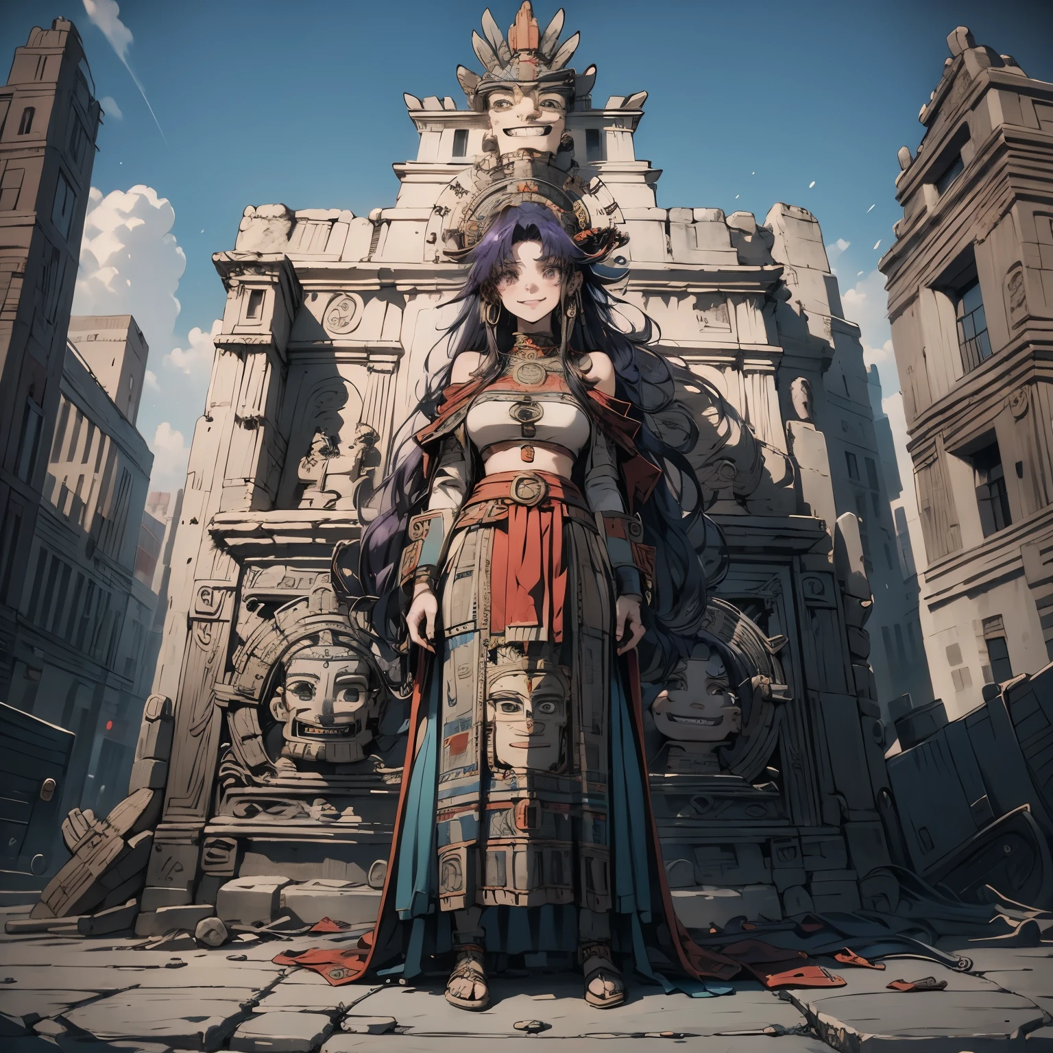 (masterpiece), best quality, expressive eyes, perfect face, 4k, HDR, full HD, ((1girl)), solo, (purple hair), perfect anatomy, full body, flirty smile, standing, standing in front of the Aztec god, statue of the Aztec god, wearing Aztec women's clothing,