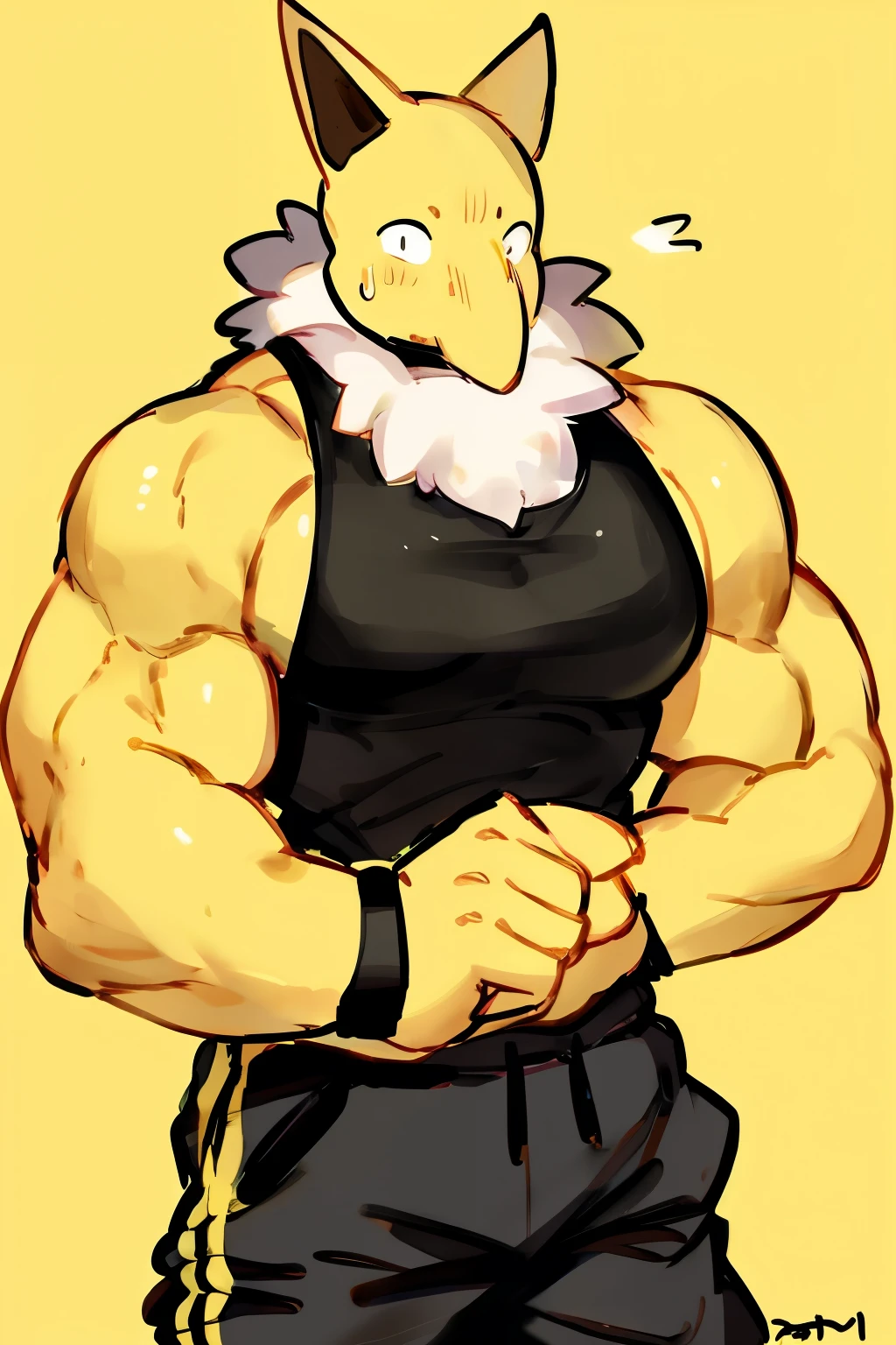 Furry, Anthro, solo, Hypno, Male, (((muscular body, massive male pectorals, yellow skin, fluffy neck, wearing white fur around neck))), ((((massive biceps, wide-eyed, head tilted)))), ((((((massive bulky torso, hands behind head, wearing black full male tanktop, wearing black sweatpants)))))), upper body, black/yellow spraypainted background, by buta99, by zackary911, by bebebebebe, (((digital painting)))