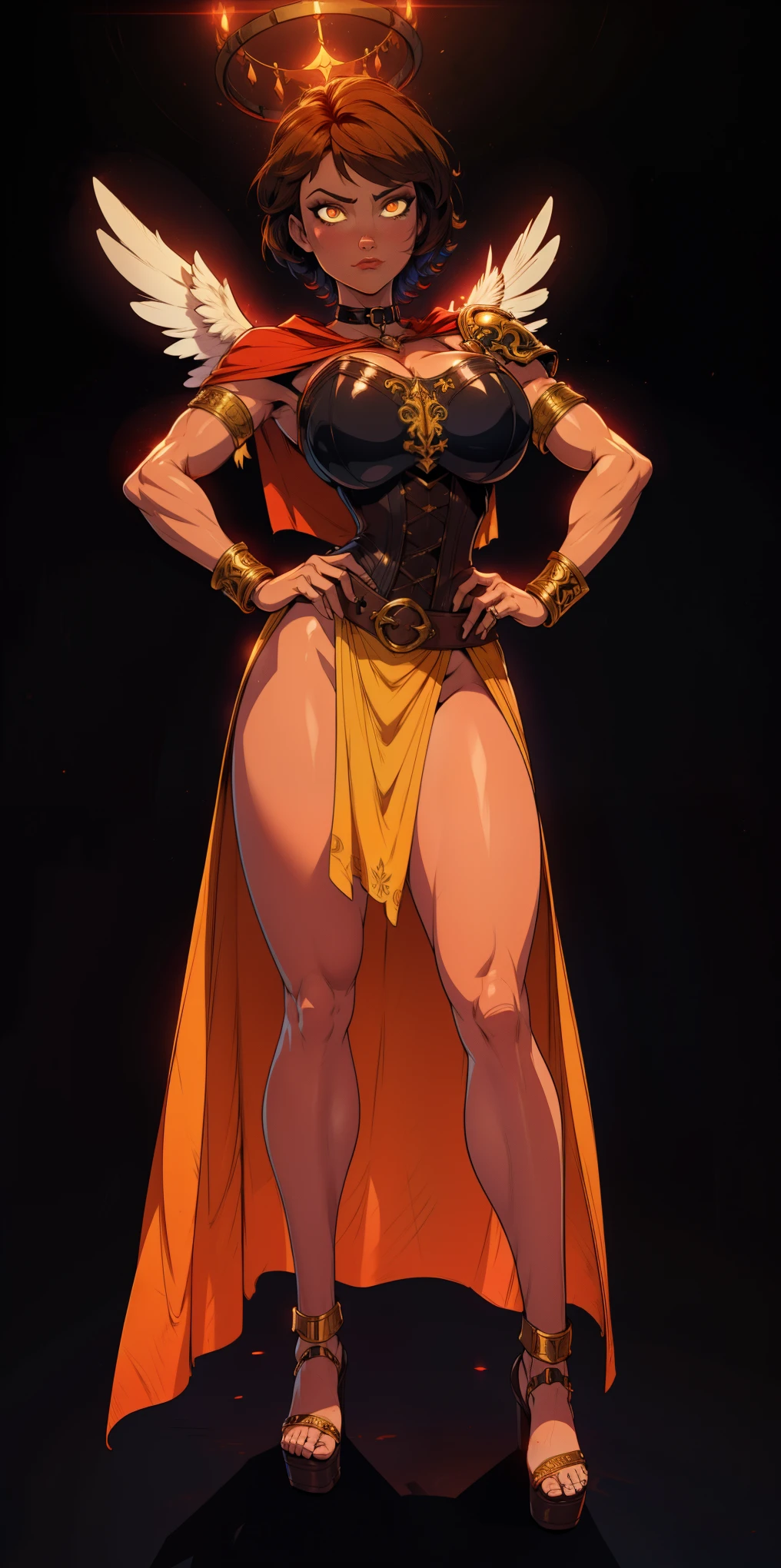 (Black background) paladin lady in ornate golden armor, black collar, pauldrons, breastplate, leather corset, glowing halo, short bob hair style, yellow glowing eyes, bright pupils, eye focus, red cape (full body, whole body, 1solo girl) fighter, loincloth standing, hands on hips, metal sandals, leather choker, big belt, view from below, feet together, bracers, tiara, feathers angel wings