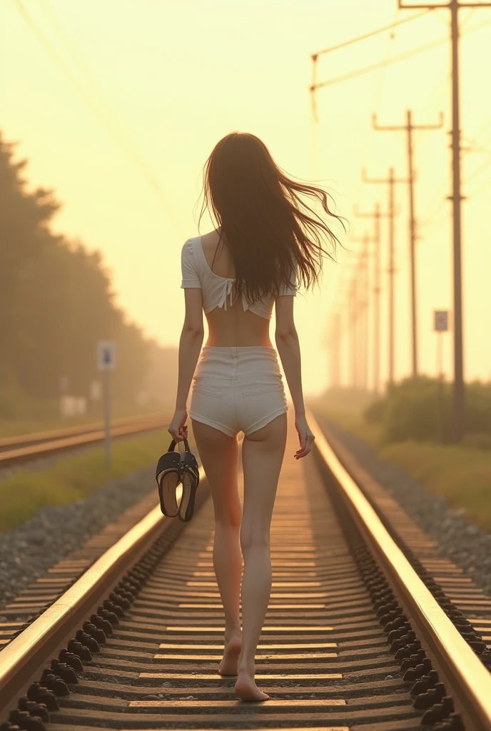 A naked woman running backwards on the train track
