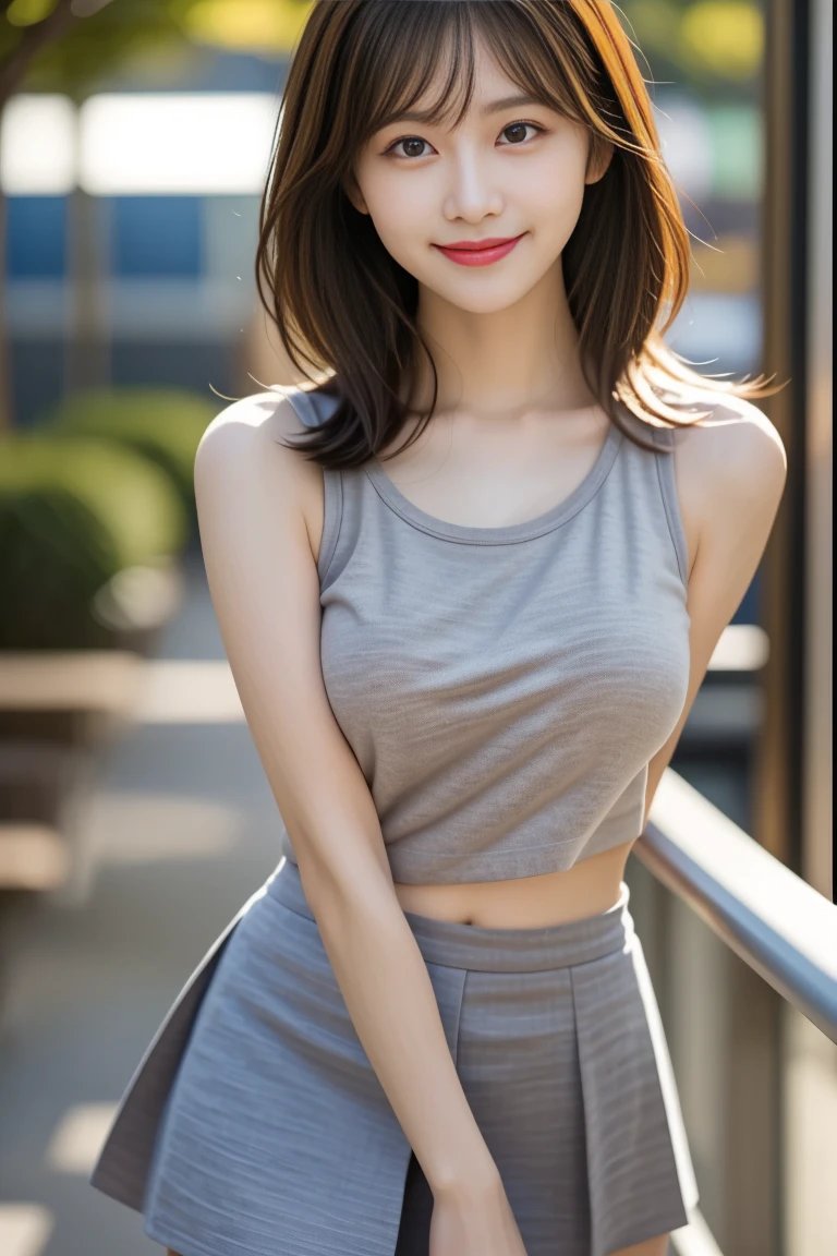highest quality, masterpiece, Ultra-high resolution, realistic:1.3, solo:1.3, ((Clear Face)), cowboy shot, from front, leaning forward, (glowing skin), (looking at camera:1.3), (white tank top, denim pants), standing at street, (medium chest:1.3), long hair, smile, soft brightness