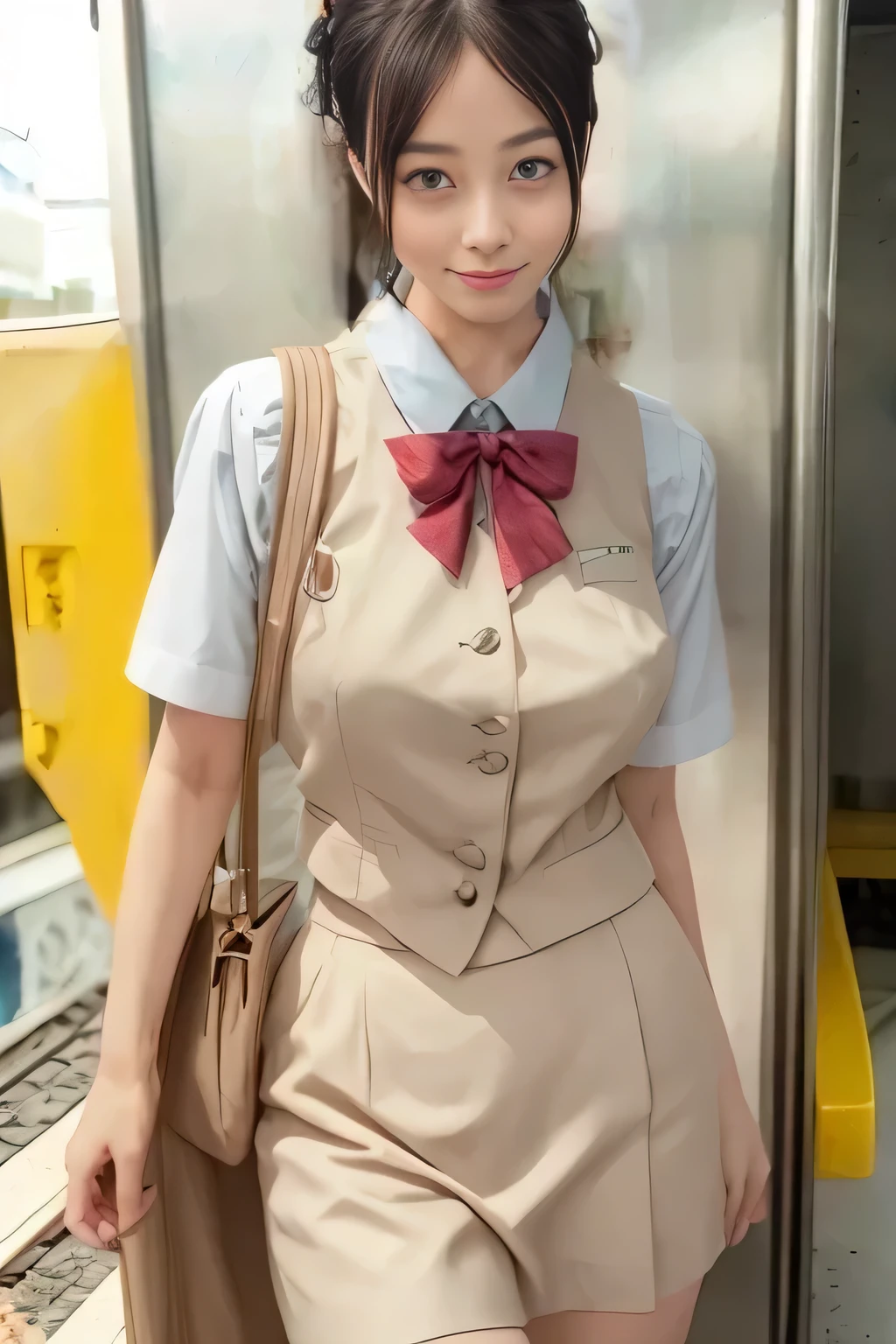 (masterpiece:1.2, Best Quality:1.2), 32K HDR, High resolution, (Alone、1 girl)、（On the roof of a building during the day、Professional Lighting）、Building rooftop background、（Real style of JR Woman wearing train crew uniform beige）、（（JR Female Train Crew Uniform Beige Light Blue Blouse Short Sleeve 、 Knee-length culottes skirt、Beige vest、scarf））、Dark brown hair、（Long Hair、Hair tied up、Hair tied up）、Dark brown hair、Long Shot、Big Breasts、Thin legs、（（Great hands：2.0）），（（Harmonious body proportions：1.5）），（（Normal limbs：2.0）），（（Normal finger：2.0）），（（Delicate eyes：2.0）），（（Normal eyes：2.0））)、smile、（JR Woman Train crew uniform beigeのKnee-length culottes skirtを見せた美しい立ち姿）、Hands down