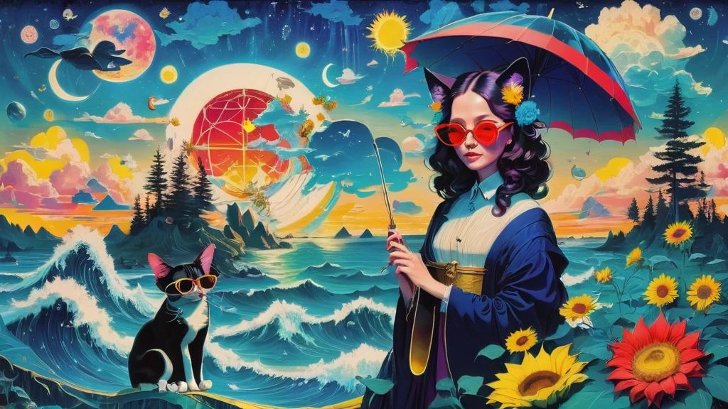 Mona Lisa, cats, clock, ukiyo-e, UFO, A vibrant and whimsical pop art graphic design featuring (((Mona Lisa wearing trendy sunglasses and cat ears))), set against a backdrop of stylized (((Ukiyo-e waves))), sky, and clouds, with a sun-kissed beach and a sea of (((colorful cats))) and (((octopuses))) scattered throughout. The scene is filled with eclectic elements, including (((floating clocks))) reminiscent of Salvador Dali, playful aliens and UFOs, a bright sun, stars, and a crescent moon, all blending together in a surreal and dreamlike atmosphere. Cute little monsters, sunflowers, and superstars add to the visual chaos, while nods to famous artists like Andy Warhol, Van Gogh, and Picasso are sprinkled throughout. Holy grail symbols, intricate line art, and woodblock print textures add depth and visual interest. A red bloom of flowers and an umbrella-toting elephant make a whimsical appearance,  Mona Lisa wearing trendy sunglasses and cat ears， surrounded by bold, bright colors and playful patterns.