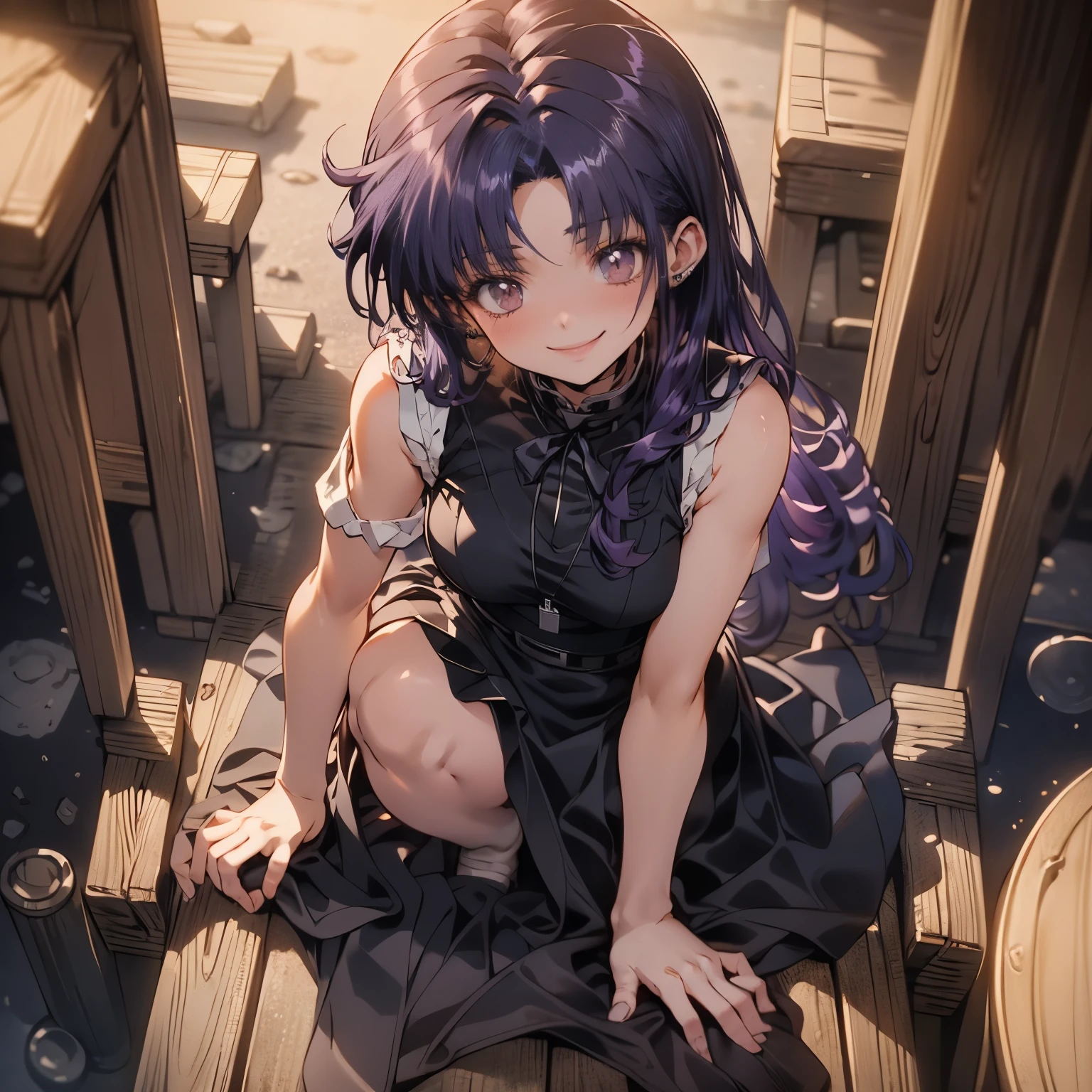 (masterpiece), best quality, expressive eyes, perfect face, 4k, HDR, full HD, ((1girl)), solo, (purple hair), perfect anatomy, full body, flirty smile,