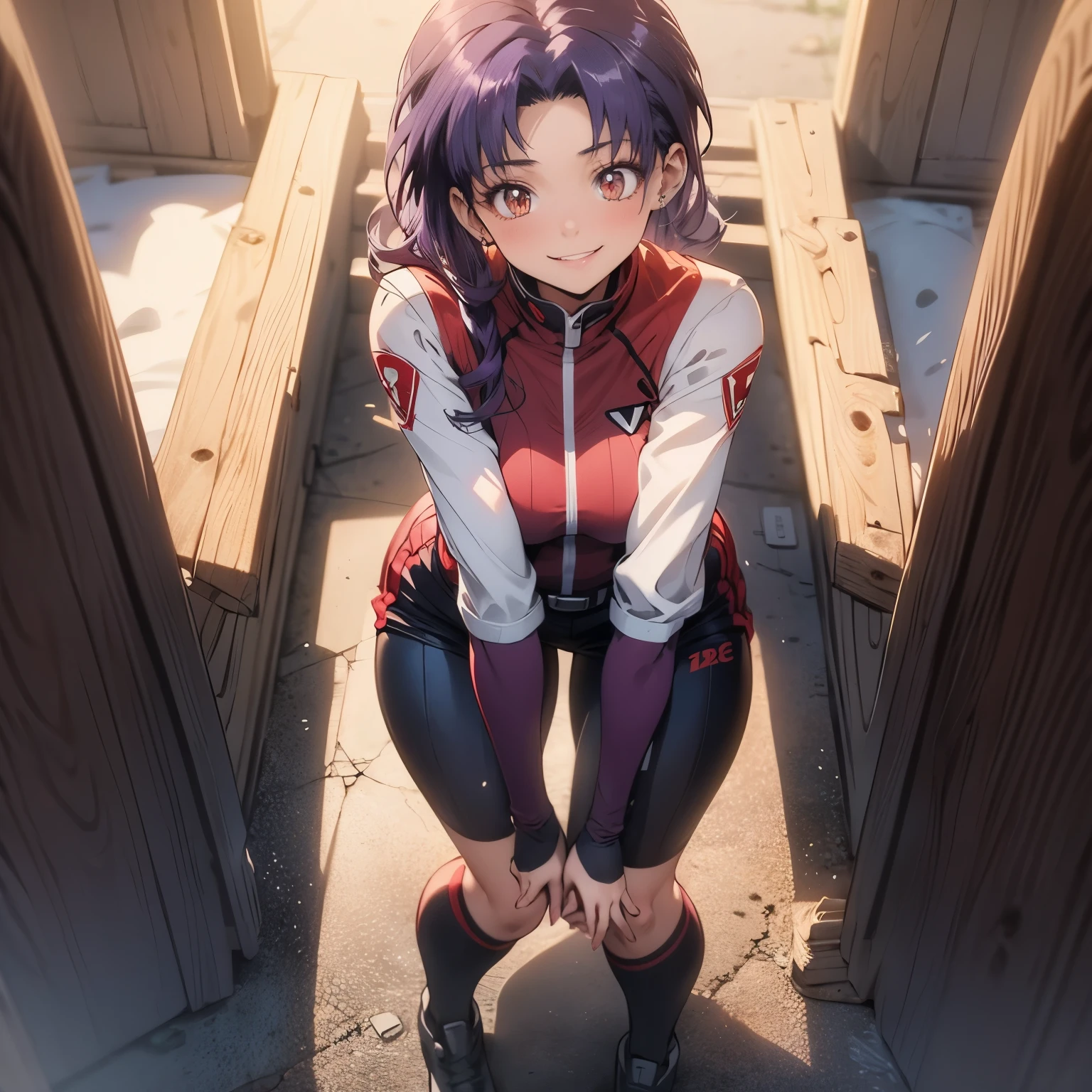 Anime style image of a girl with short purple hair, her hair is very spiky, she is of medium height and muscular, she wears a tight schoolgirl uniform, she has both of her arms full of bandages and she has a band-aid on her nose and she is smiling sadistically while she is in a classroom