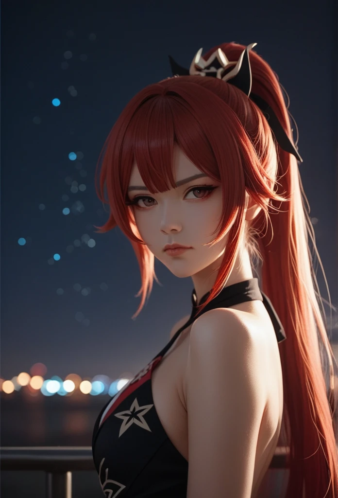 View from below, 1 girl, very beautiful, sparkle \(honkai: star rail\),1girl,Alone,mask,halter dress, Japanese clothes,black,bare shoulders.  girl, long straight hair, Black and red hair, Bangs, Ponytail, Serious face, Best quality, Portrait photography, Unreal Engine, Movement