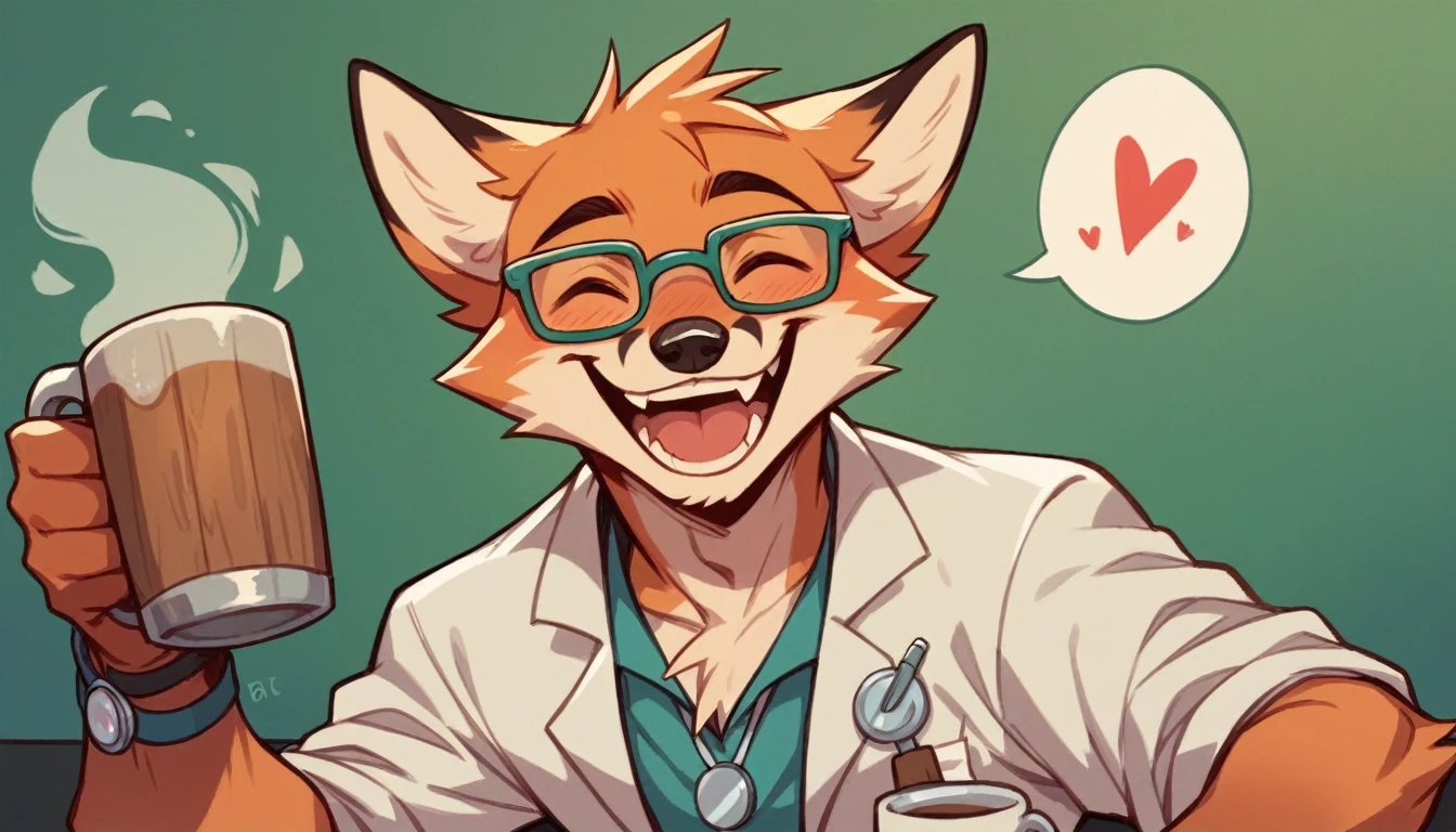 doctor fox, with glasses, happy and excited, with a mug a coffe