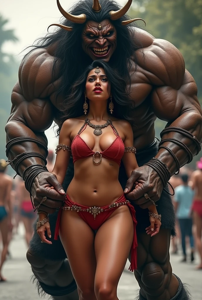 Big Breasts, Thick Thighs, Chun-Li Squatting, hands behind head, wearing a thong, high heels, Scary cave, surrounded by monsters