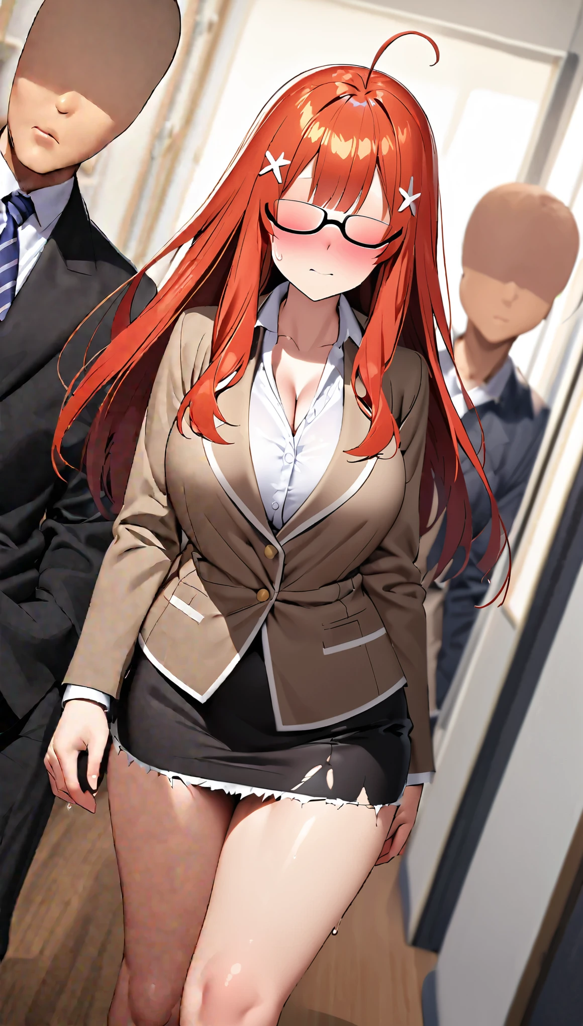 nsfw, ((alone)), itsuki nakano, bangs, ((((faceless:2.5)))), Hair between the glasses, Ahoge, Redhead, Star \(symbol\), Hair accessories, Star Hair accessories, (((Mature Woman))), long hair, (((((glasses(1.3)))))), business suit, (tightup cutoffs micro skirt(1.8)), Skirt with torn hem, cleavage between breasts(1.3), ((big breasted(1.4))), cleavage out, embarrassed blush, school, corridor, ((walking)),  cold sweat(1.2), Dutch Angle, downcast,