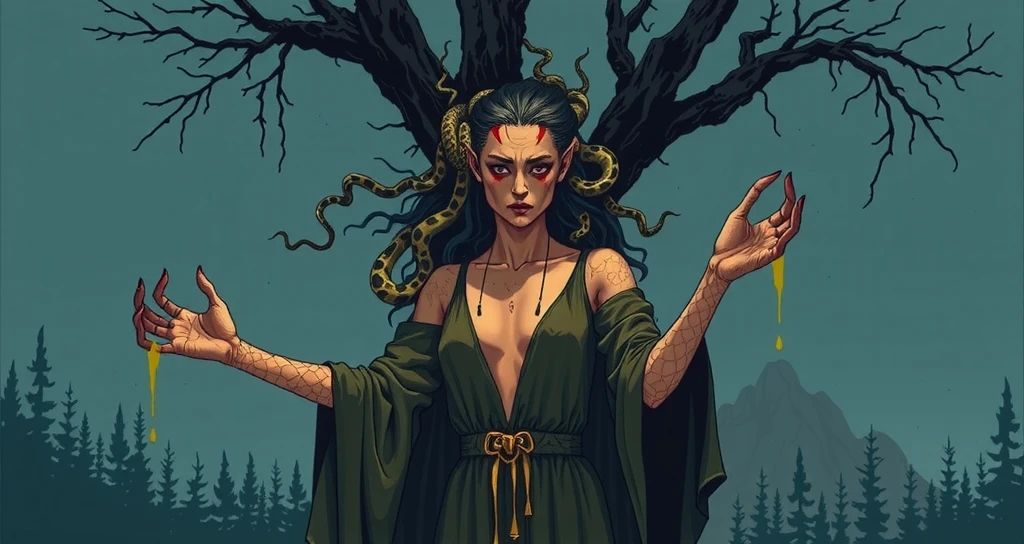 One girl, Ariana grande, curly hair, long hair, bangs, dark skin, standing still, green glowing eyes, sexy, in flames, calm, fire, dirty, nipples, pussy, pubic hair, surrounded by flames,