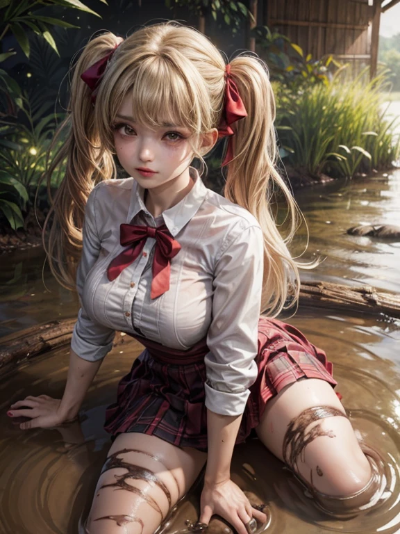 jk school girl uniform , skirt dark red , plaid skirt , pleated skirt , Tight shirt , white Shirt , school girl twin tails hair , red knot , red bow ,  sitting in the water, long sleeves, cardigan, (tie), ((pleated skirt)),  close, lips touching , closeup fantasy with water magic, beautiful maiden, wearing a skirt made of water, cleavage, realistic oil painting, ((dripping wet)), in water up to her shoulders, beautiful realistic painting, realistic fantasy painting, cute shot, narrow depth of field, 8k, nsfw, ((drenched)), ((soaked)), (dripping water), dripping oil, heavy clothes, soaked in oil, wet all over, rouge lipstick, wet dripping hair, blonde hair , big breasts , big tits