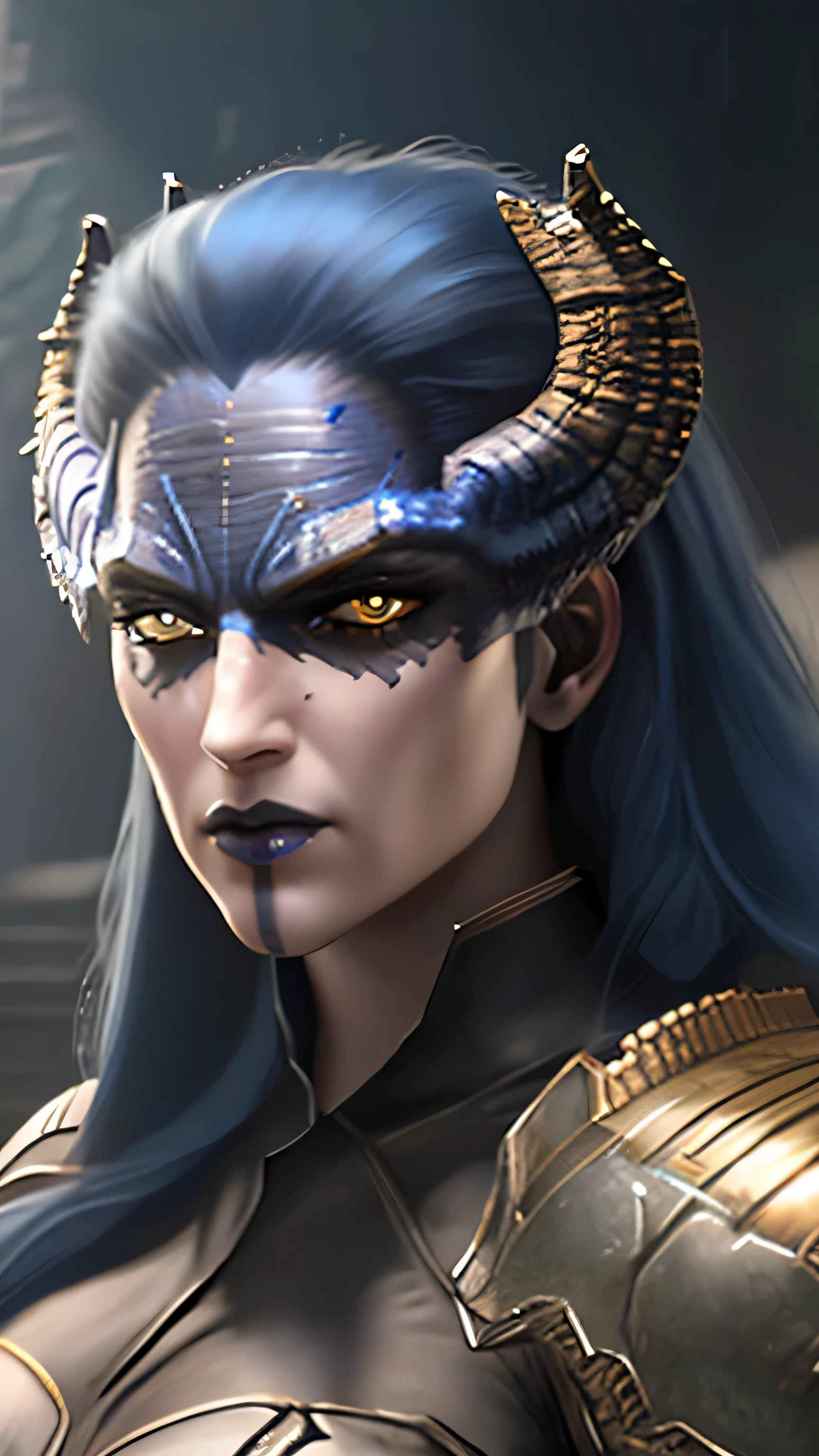 Proxima, long hair, blue hair, yellow eyes, colored skin, horns, lipstick, makeup, armor, (insanely detailed, beautiful detailed face, masterpiece, best quality), cinematic lighting, 1woman, solo, cowboy shot, front view, looking at viewer, intricate, high detail, sharp focus, dramatic, photorealistic painting art by greg rutkowski