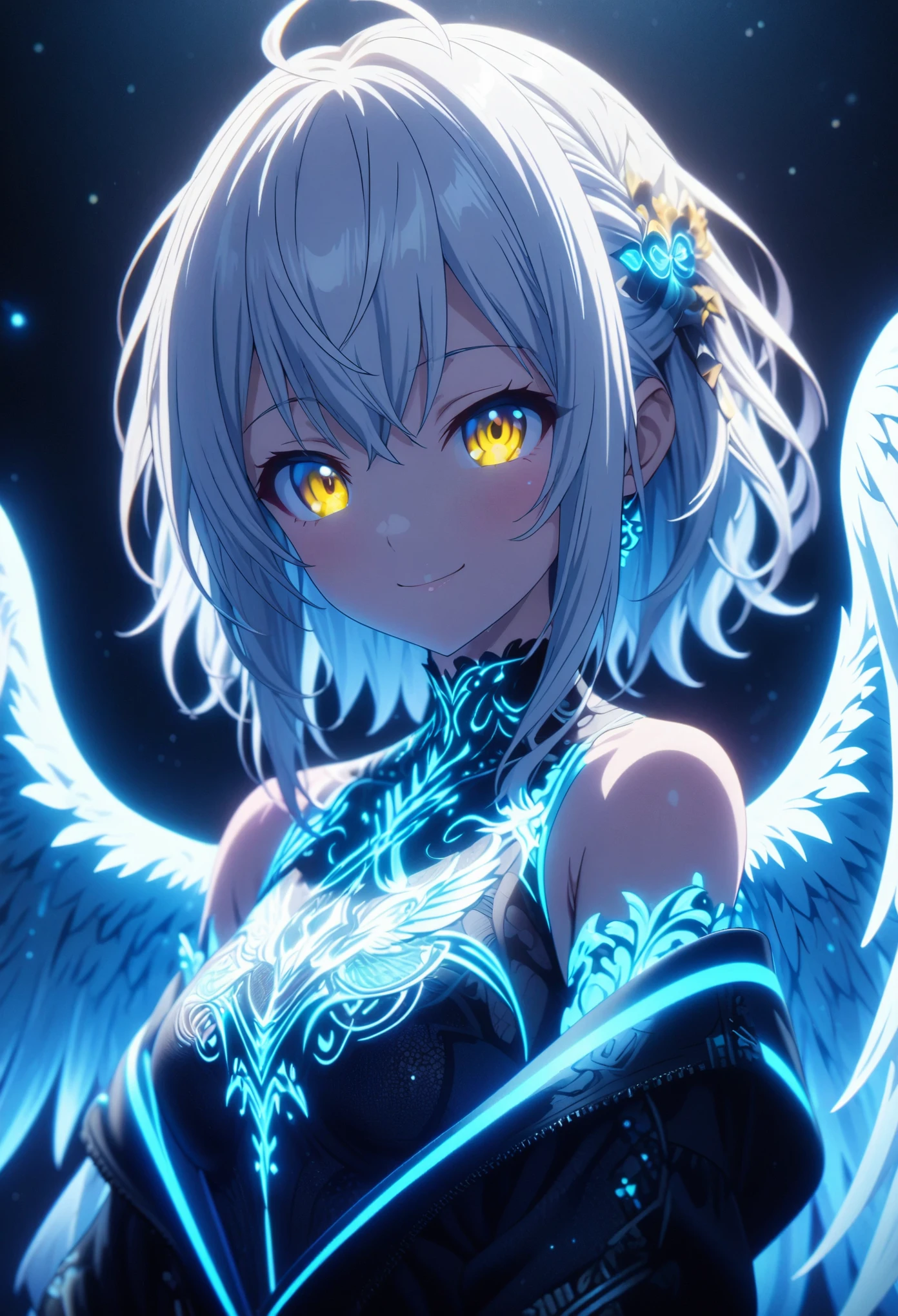 Masterpiece, highest quality, highly detailed CG Unity 8K wallpaper, one girl, anime screenshot, neon light with big wings, best smile, depth of field, white hair, yellow eyes, fly in the sky with big wings