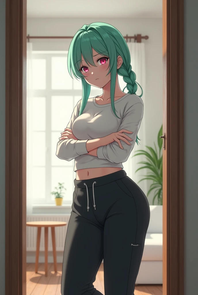 1boy, toned, teasing eyes, hair bowl, HD, masterpiece, vibrant, choker, sweatshirt, feet in thigh socks, lush, attractive, thick thighs, big ass,