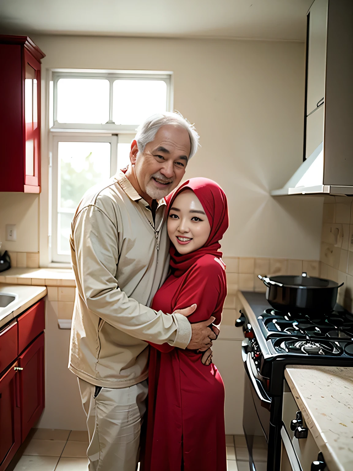 Korean beautiful young girl couple with old man, young girl as wife, Old man as her husband, young girl hug Old man, Young girl wearing Red Hijab flower pattern, young girl red lips, Young girl with old man naked stands in kitchen.