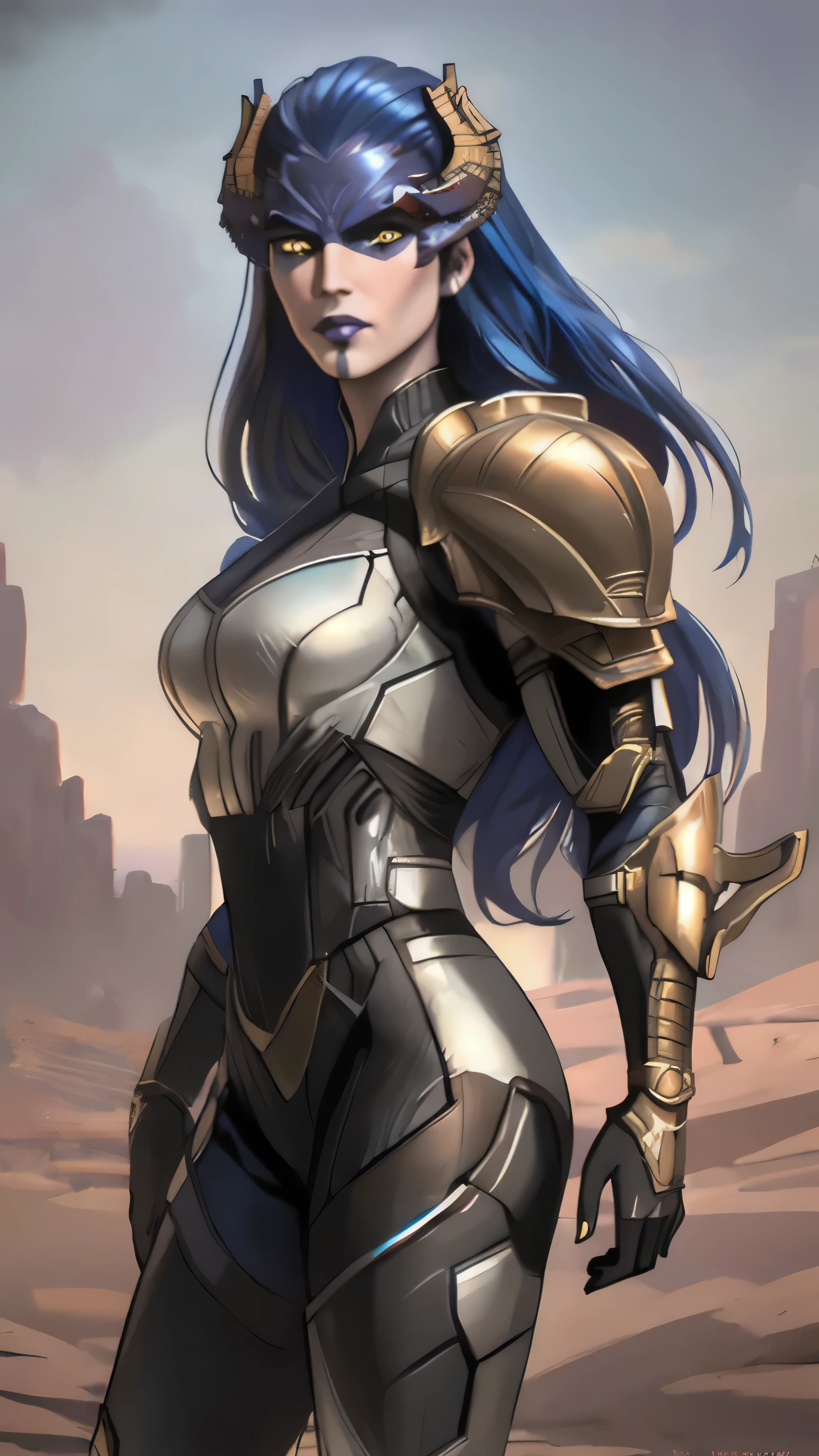 Proxima, long hair, blue hair, yellow eyes, colored skin, horns, lipstick, makeup, armor, (insanely detailed, beautiful detailed face, masterpiece, best quality), cinematic lighting, 1woman, solo, cowboy shot, front view, looking at viewer, intricate, high detail, sharp focus, dramatic, photorealistic painting art by greg rutkowski