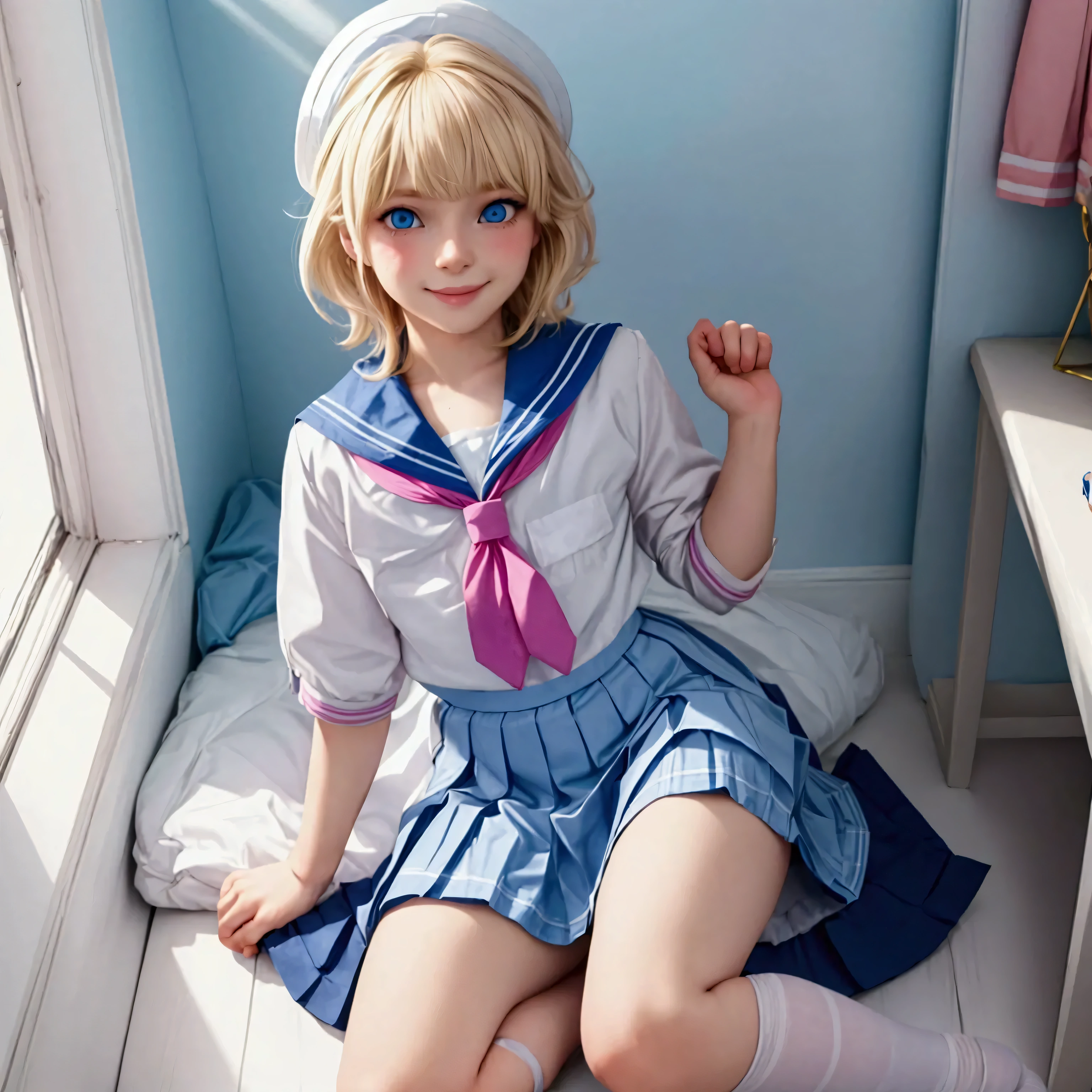 (masterpiece, best quality), 1boy, (**********), femboy, blonde boy, medium hair, messy hair, bangs, pastel rainbow inner hair color mesh, cute boy, cute face, shy smile, perfect boy body, detailed light blue eyes, detailed eyes, wears white sailor suit, boy chest, (no breast), pink tie, Blue sailor skirt, mini skirt, over knee white stockings, boy flirty posing, girly bedroom, intricate detail, sunlight, highest quality,