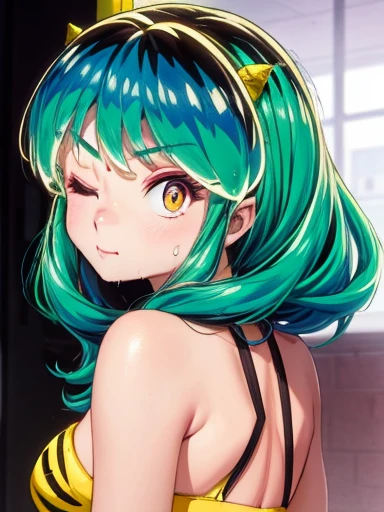 1 girl, late teenage, portrait, embarrassed, erotic expression, posing, leaning ,Invaders of Ram, 1 girl, late teens, one eye closed, shy, erotic expression, staring at viewer, big, wet, sweat, best quality, ultra high definition, maximum resolution, super detailed, anime, ass, girl, very cute, medium hair, green hair, hair ribbon, hairpin, colored eyes, yellow and black bikini, big ass, big breasts