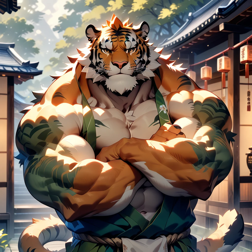 Close-up of cartoon character with big chest muscles, anthropomorphic tiger, tiger_beast, Detailed fanart, high resolution committee, only, Very detailed的精美扇子艺术, Strike a hot and majestic pose, Rich in details、colorful, Fat ripped satanic creature, Very detailed!, pov furry art, Japanese handsome guy, Inspired by Tawaraya Sotatsu,gorgeous costumes,((big dick:1.2))
