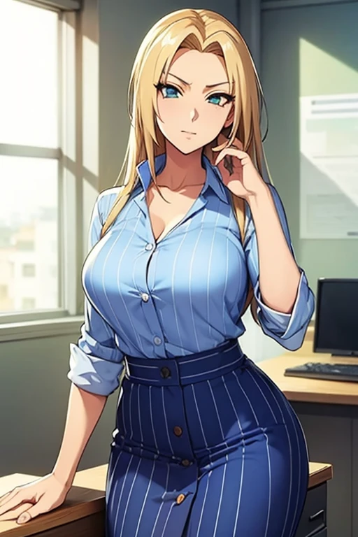 Tsunade from the Naruto anime wearing a blue striped button-down dress-style shirt with a low neckline. She is in her office. Leaning on a desk.  Look of power (confident)