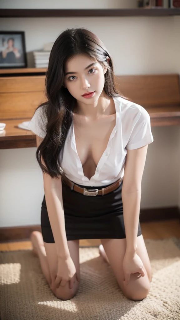 1girl, thai university uniform, hyper-realistic, white short-sleeve button up shirt:1.2, black tight slit mini skirt:1.4, silver shirt buttons:1.2, silver minimal plain plate belt buckle:1.2, black long straight messy hair:1.4, masterpiece, best quality, high resolution, 16k, high detailed, face detailed, cinematic lighting, dynamic composition, slim and perfect figure, perfect body proportions, depth of field, rule of thirds, medium breast, emphasize on breast and hip and thigh and bottoms, brown suede belt:1.2, dynamic pose, leaning forward:1.4, bending over:1.4, downblouse:1.4, in classroom, kneeling:1.4, from above:1.4