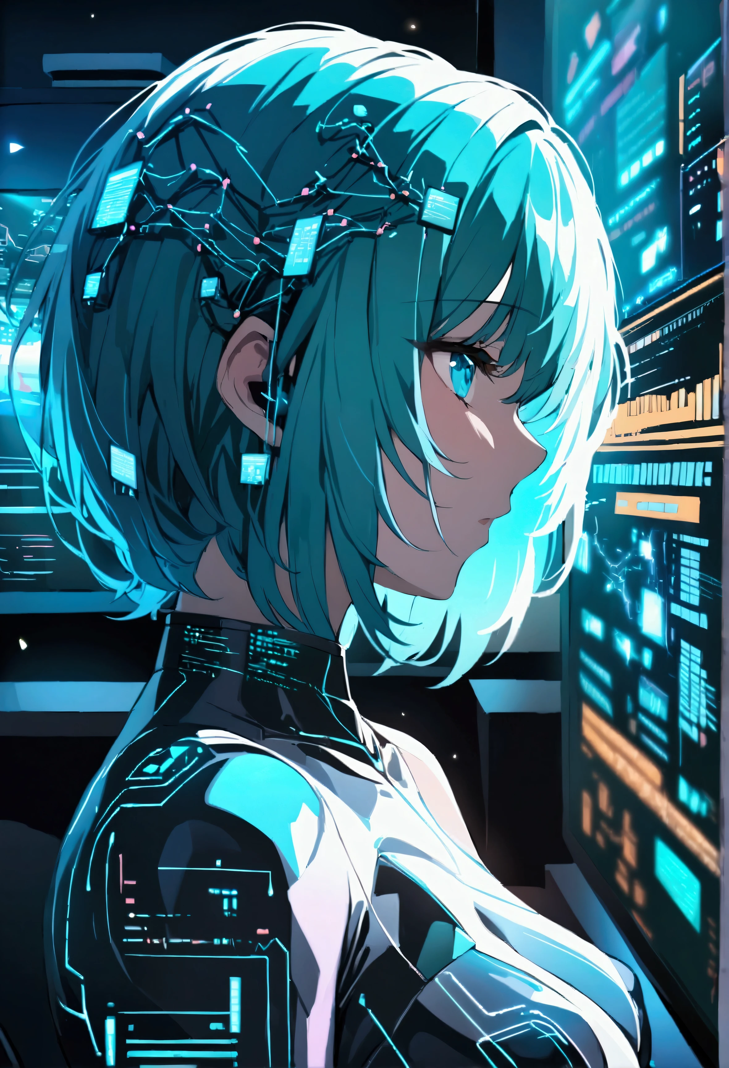1 girl, turquoise hair, short hairstyle, blue eyes, latex costume, nsfw, analyze and visualize complex information on a virtual screen using AI to process data. Big data technology and data science.Data flow.Digital neural network.artificial intelligence
