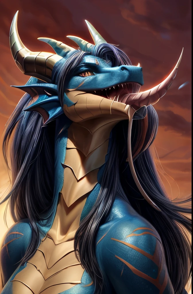 a drawing of a dragon with long hair and a tail, curved horned dragon!, dragon with scars, dragon art, but as an anthropomorphic dragon, well designed female dragon head, dragon mawshot art, as an anthropomorphic dragon, amazing detail. colored, anthro dragon art, beautiful biomechanical djinn, portrait of a dragon, detailed creature