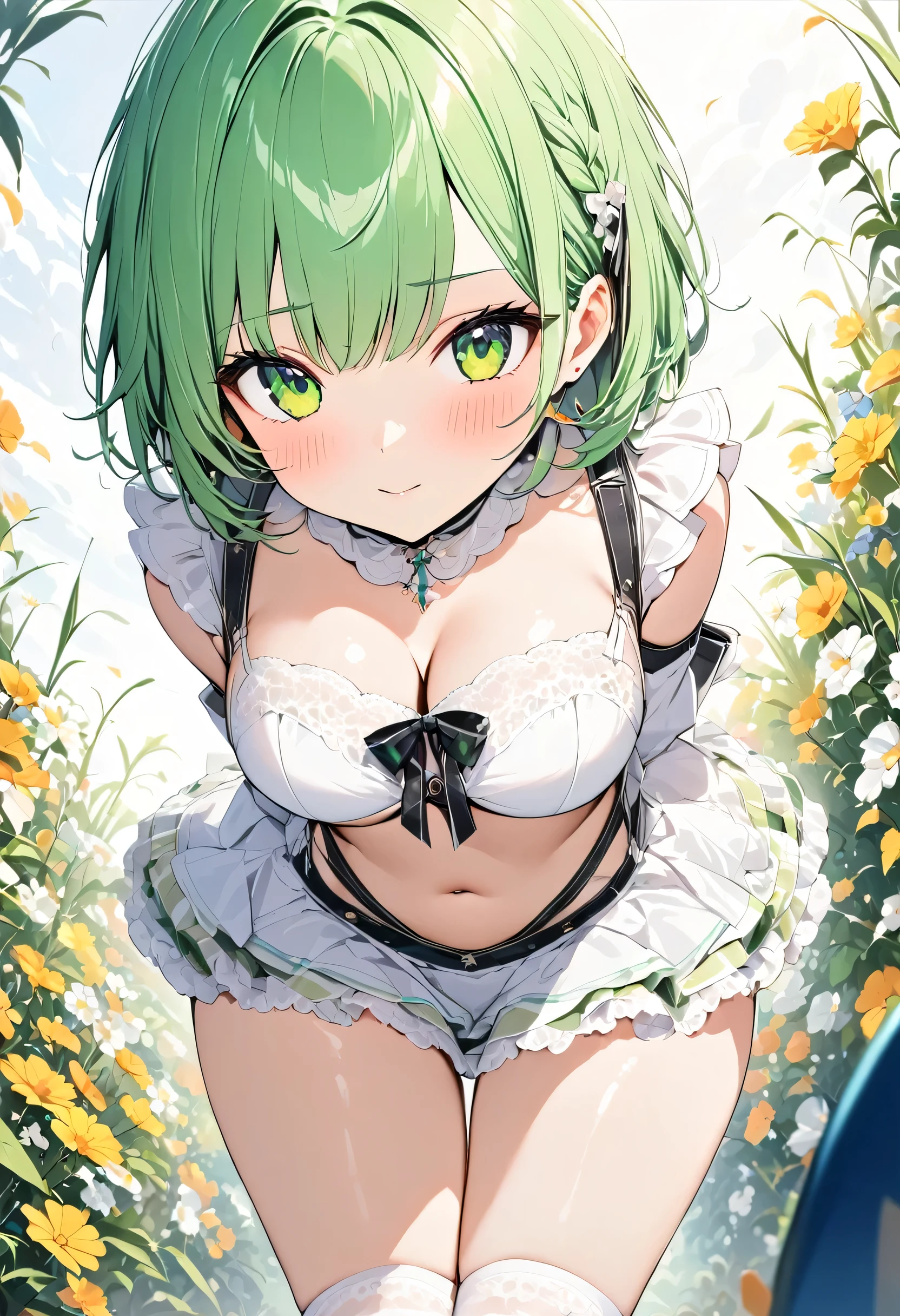 nsfw,small,Laughing with your mouth open,Short green hair,Magical Girl Costume,hair ornaments,Heterochromia iridis,Blue and green eyes,Best image quality,Highest quality
