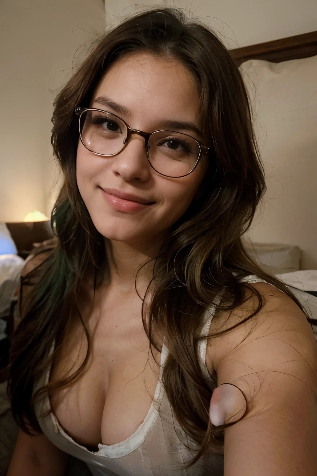 ((best quality)), ((masterpiece)), (detailed), perfect face Ukrainian teen((18 year old))girl with glasses,huge breast,smiling,laying on bed,huge ass 