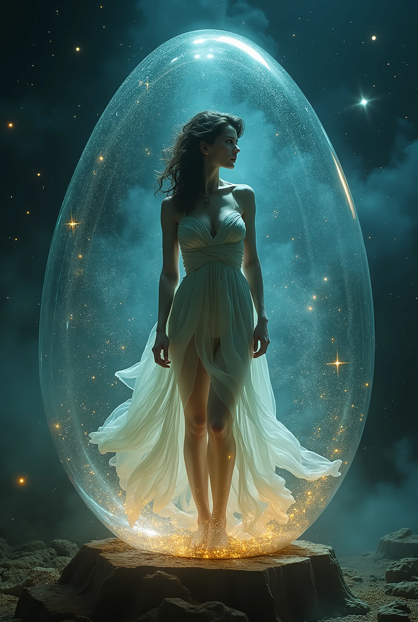 a femme fatale posed inside of a magical glass egg, she is barefoot ((full body shot, no cropping)), background: star system. style: ultra realistic, extreme details