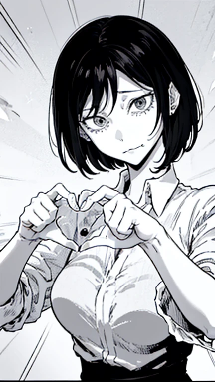 manga style art, ((black and white color ing)), masterpiece, highres, solo, 8k, detailed, perfect face, (ultra high quality), ((Heart Hands)), shorthair